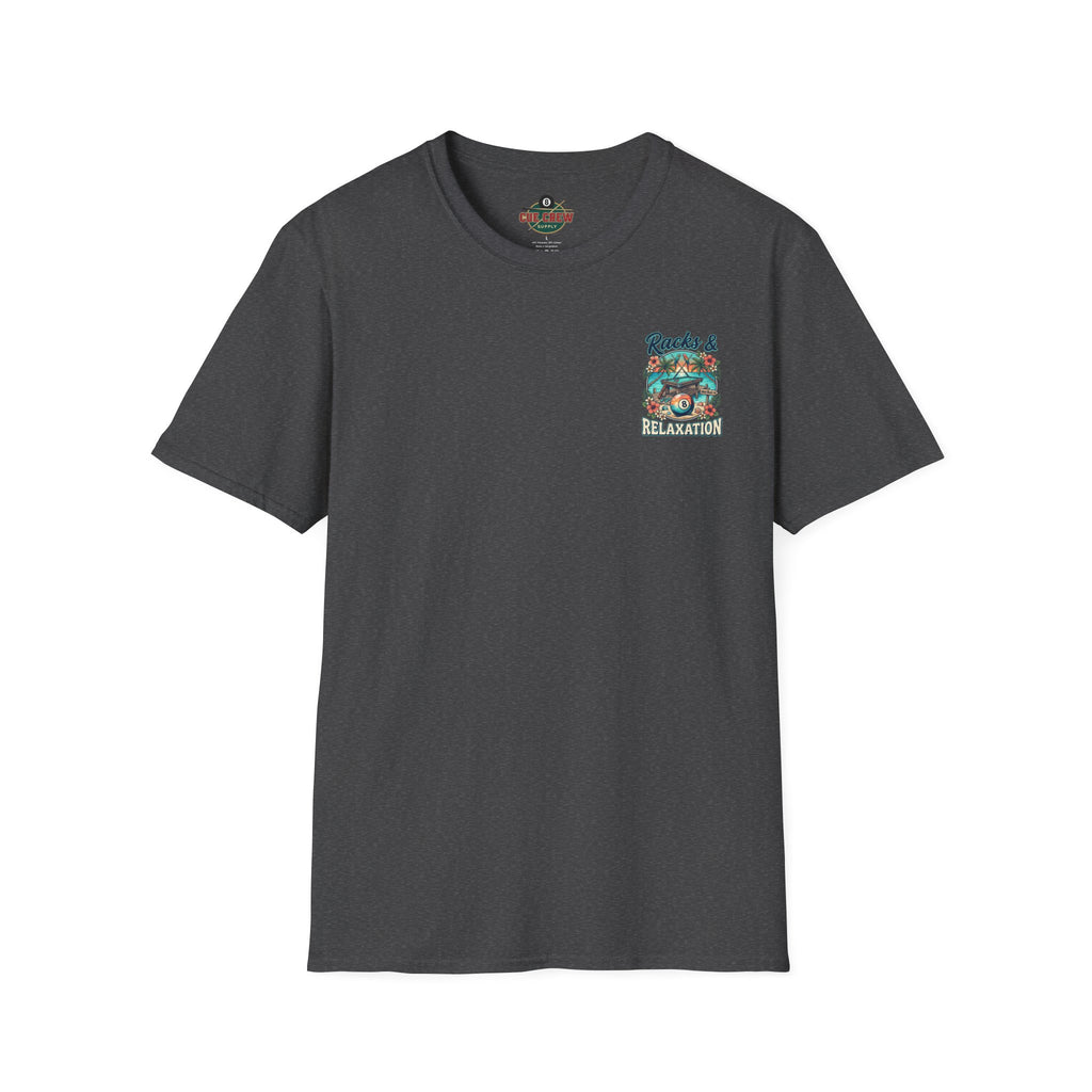 Racks & Relaxation Tropical Billiards T-Shirt | Beach Pool Player Graphic Tee | Front & Back Print