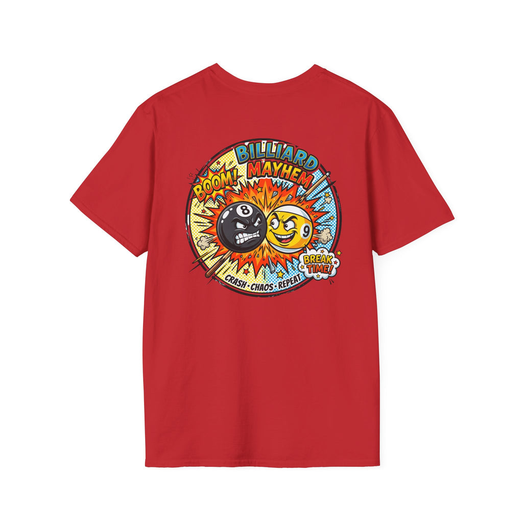 Billiard Mayhem Comic Pool Player T-Shirt | Boom! Break Time! Funny 8 Ball & 9 Ball Graphic Tee | Front & Back Print