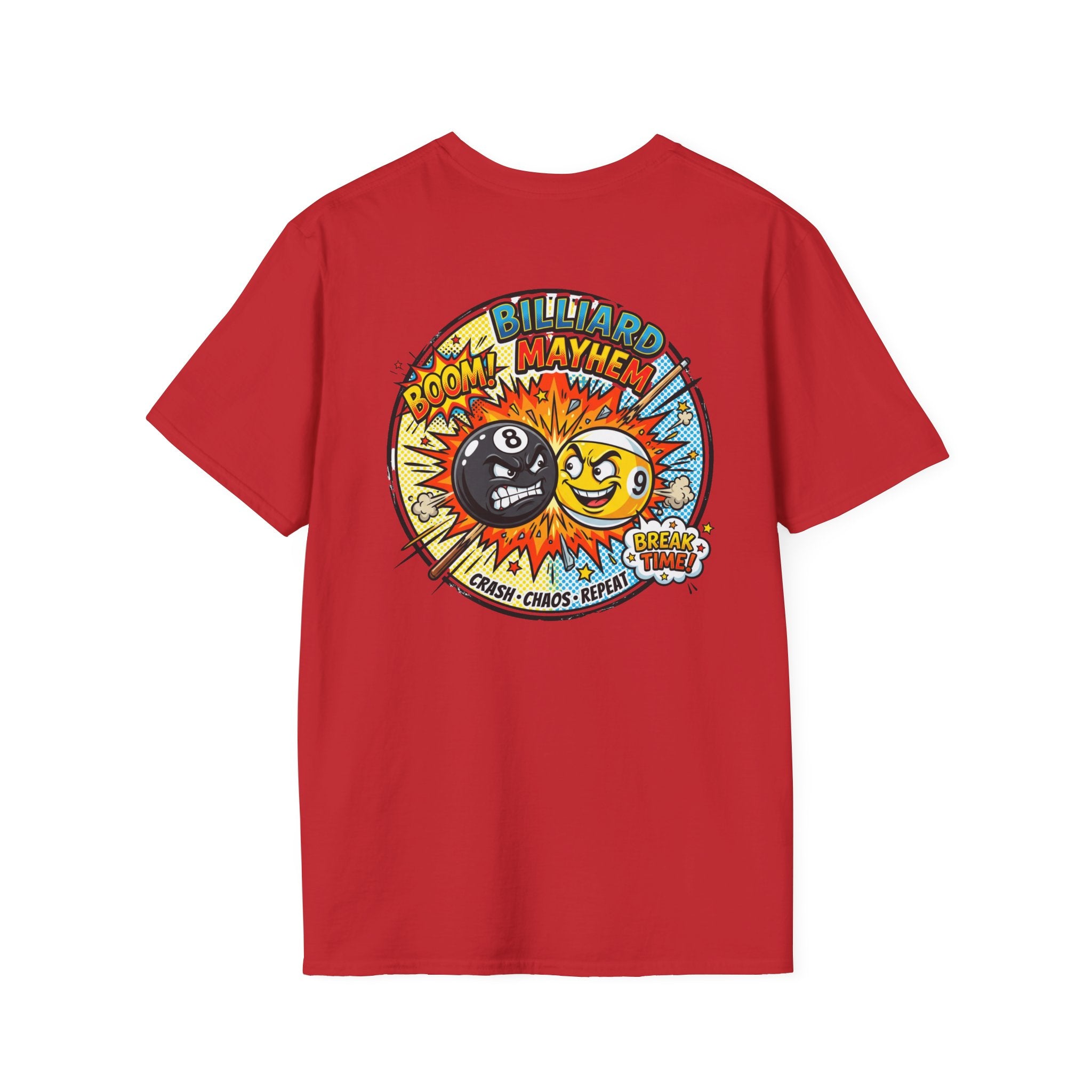 Billiard Mayhem Comic Pool Player T-Shirt | Boom! Break Time! Funny 8 Ball & 9 Ball Graphic Tee | Front & Back Print