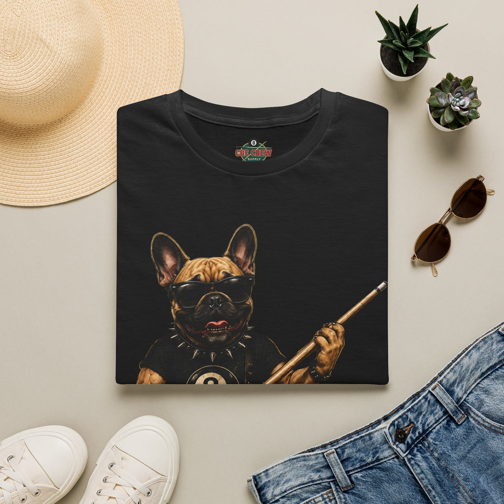 Rockin' French Bulldog Playing Cue Guitar Funny Billiards T-Shirt | Pool Dog Graphic Front Print Unisex Tee