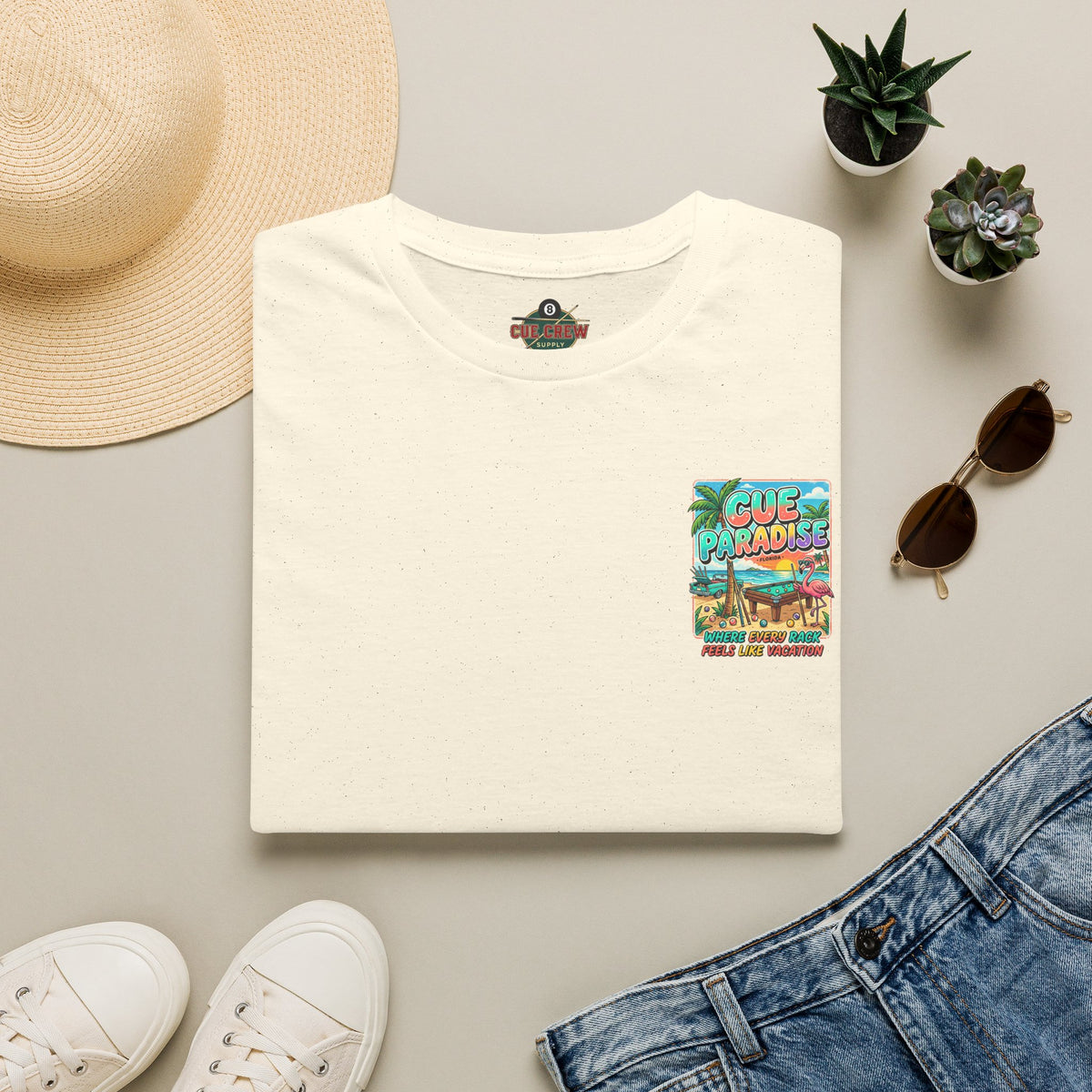 Cue Paradise Florida Billiards T-Shirt | Tropical Pool Player Beach Graphic Tee | Front & Back Print