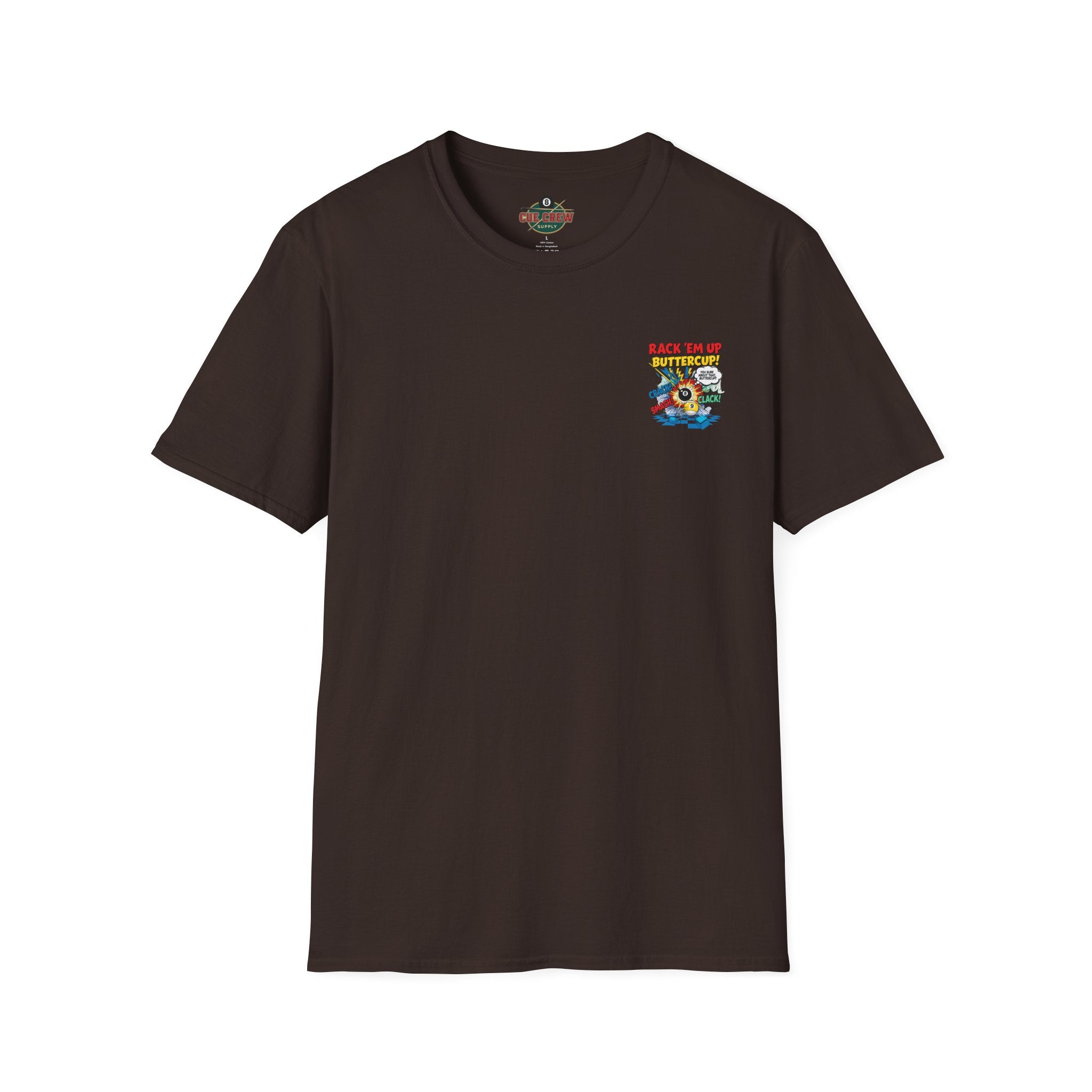 Rack 'Em Up Buttercup! Funny Billiards T-Shirt | Comic Pool Player Graphic Tee | Front & Back Print