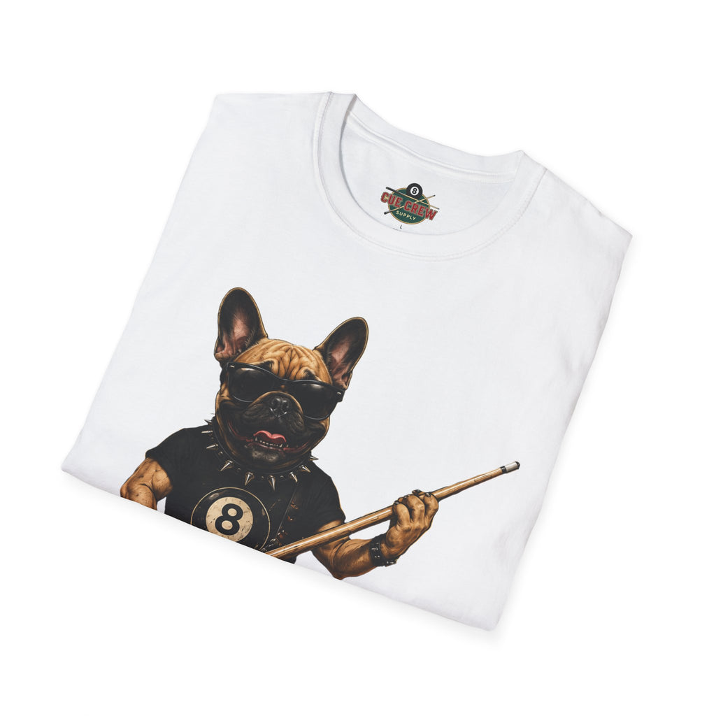 Rockin' French Bulldog Playing Cue Guitar Funny Billiards T-Shirt | Pool Dog Graphic Front Print Unisex Tee