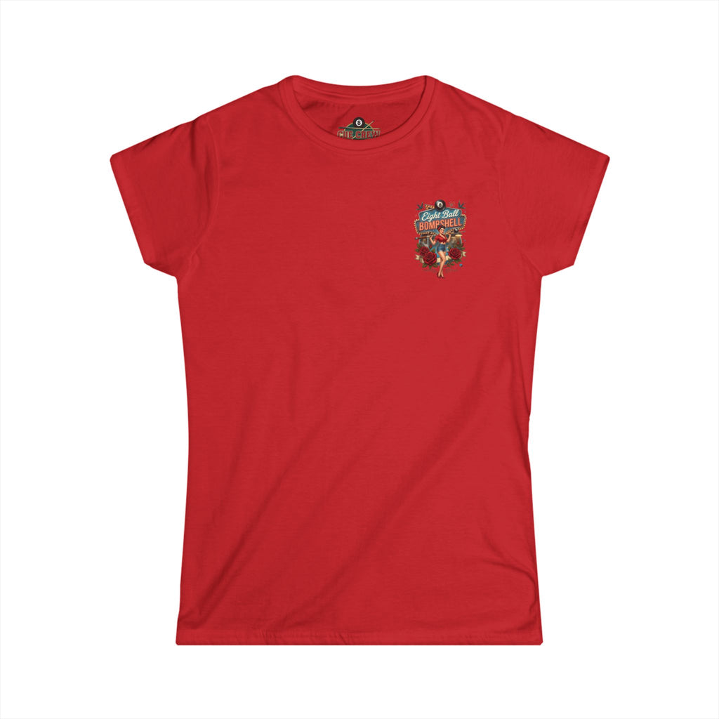 Eight Ball Bombshell V2 Women's Billiards T-Shirt | Retro Pin-Up Pool Player Graphic Tee | Front & Back Print