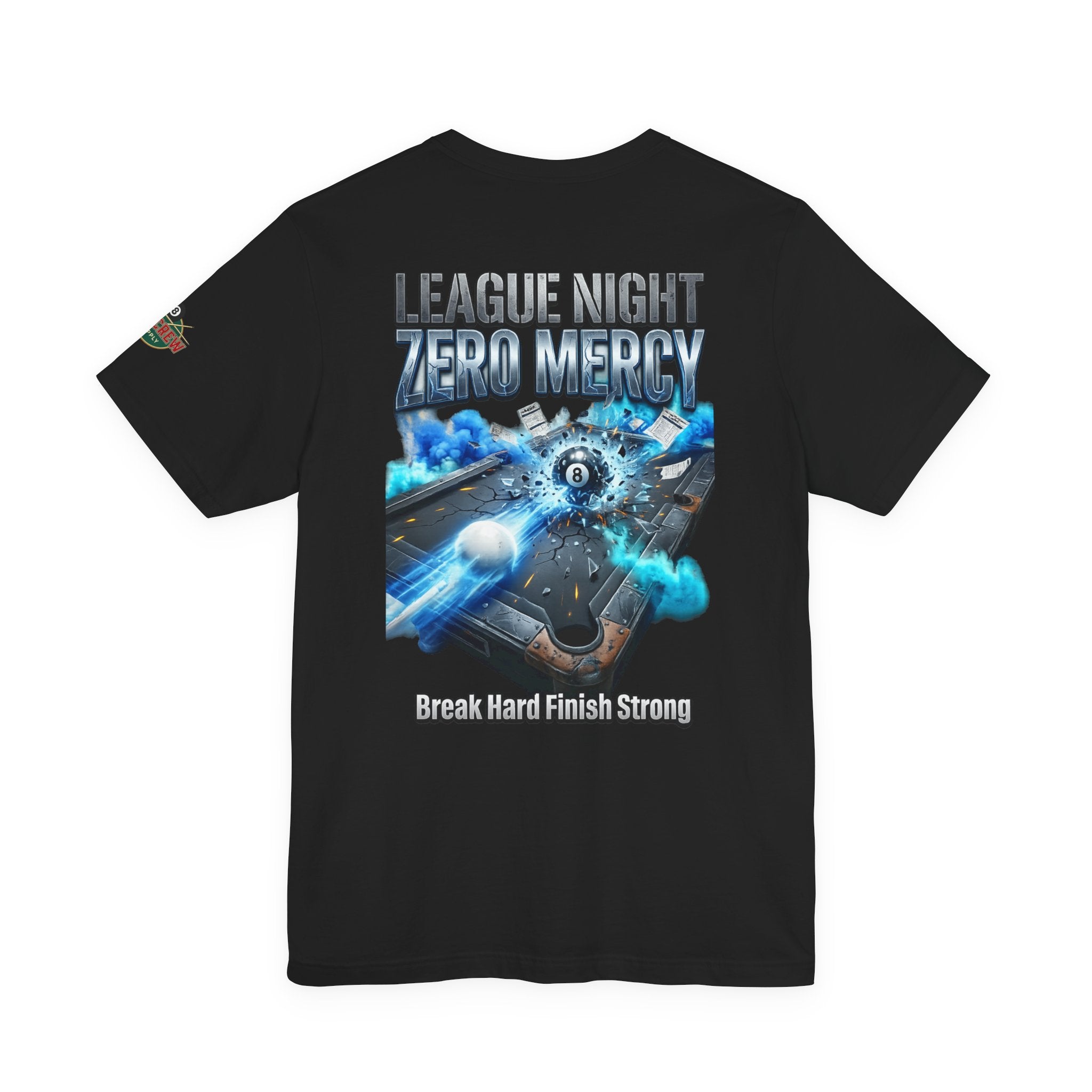 League Night Zero Mercy Pool Player T-Shirt | Funny Billiards League Tee | Front & Back Graphic | Cue Crew Supply
