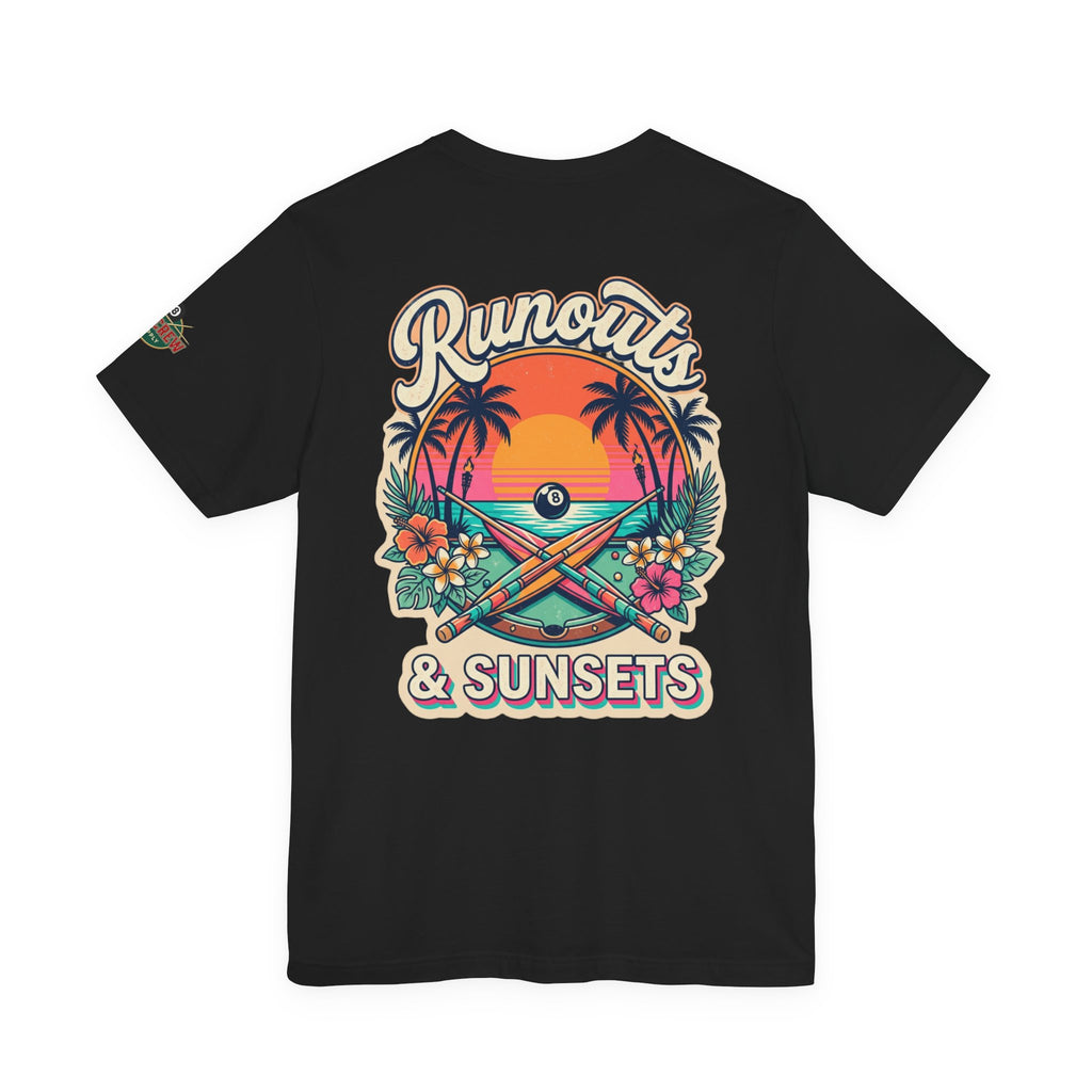 Runouts & Sunsets Pool Player T-Shirt – Tropical Billiards Graphic Tee with Front & Back Print | Cue Crew Supply