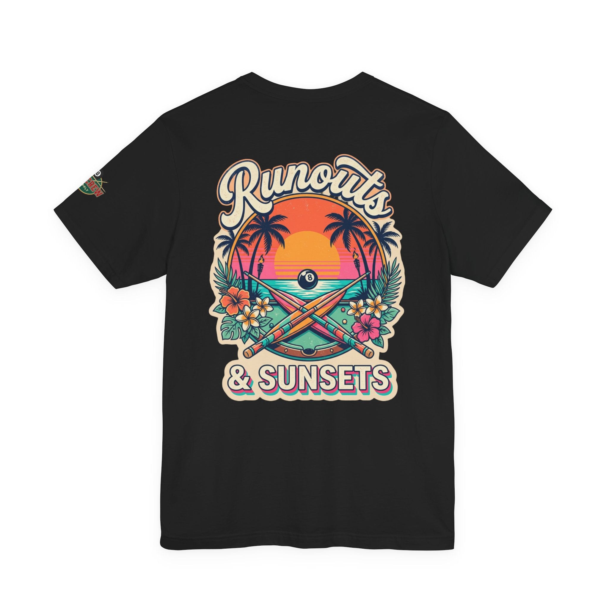 Runouts & Sunsets Pool Player T-Shirt – Tropical Billiards Graphic Tee with Front & Back Print | Cue Crew Supply