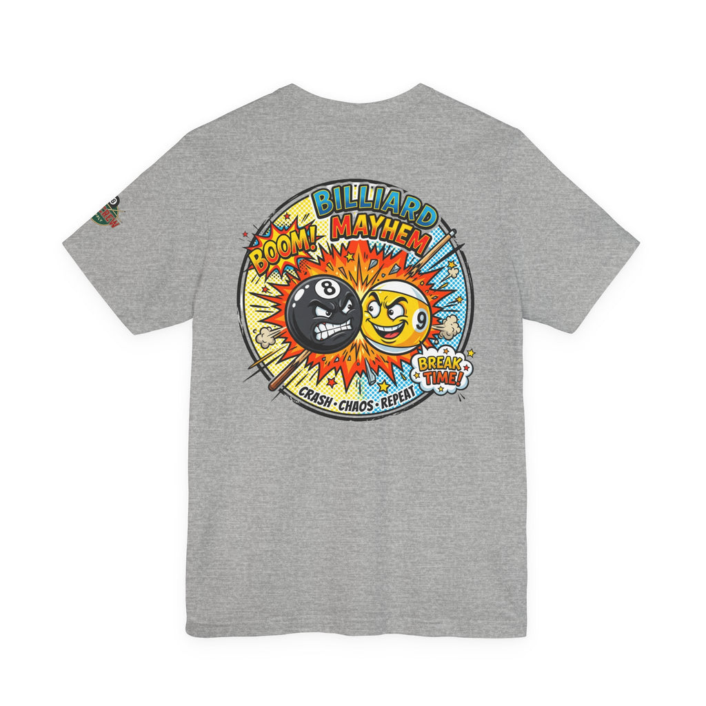 Billiard Mayhem Pool T-Shirt – Comic Style 8 Ball vs 9 Ball Graphic Tee | Cue Crew Supply