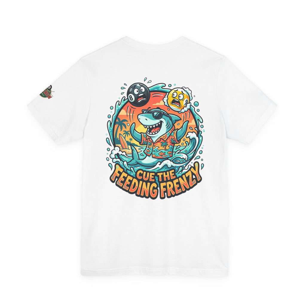 Cue the Feeding Frenzy Shark Billiards T-Shirt | Funny Pool Player Beach Graphic Tee