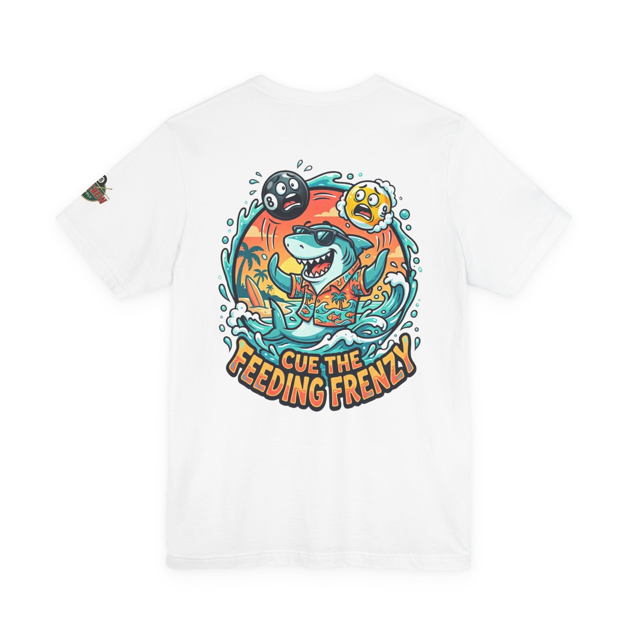 Cue the Feeding Frenzy Shark Billiards T-Shirt | Funny Pool Player Beach Graphic Tee