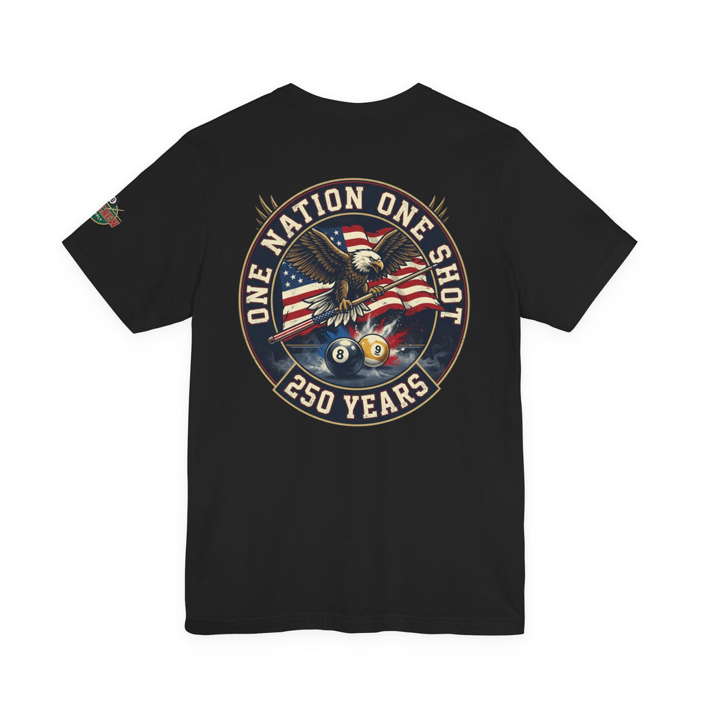 One Nation One Shot – 250 Years Patriotic Billiards T-Shirt | Eagle & American Flag Pool Tee