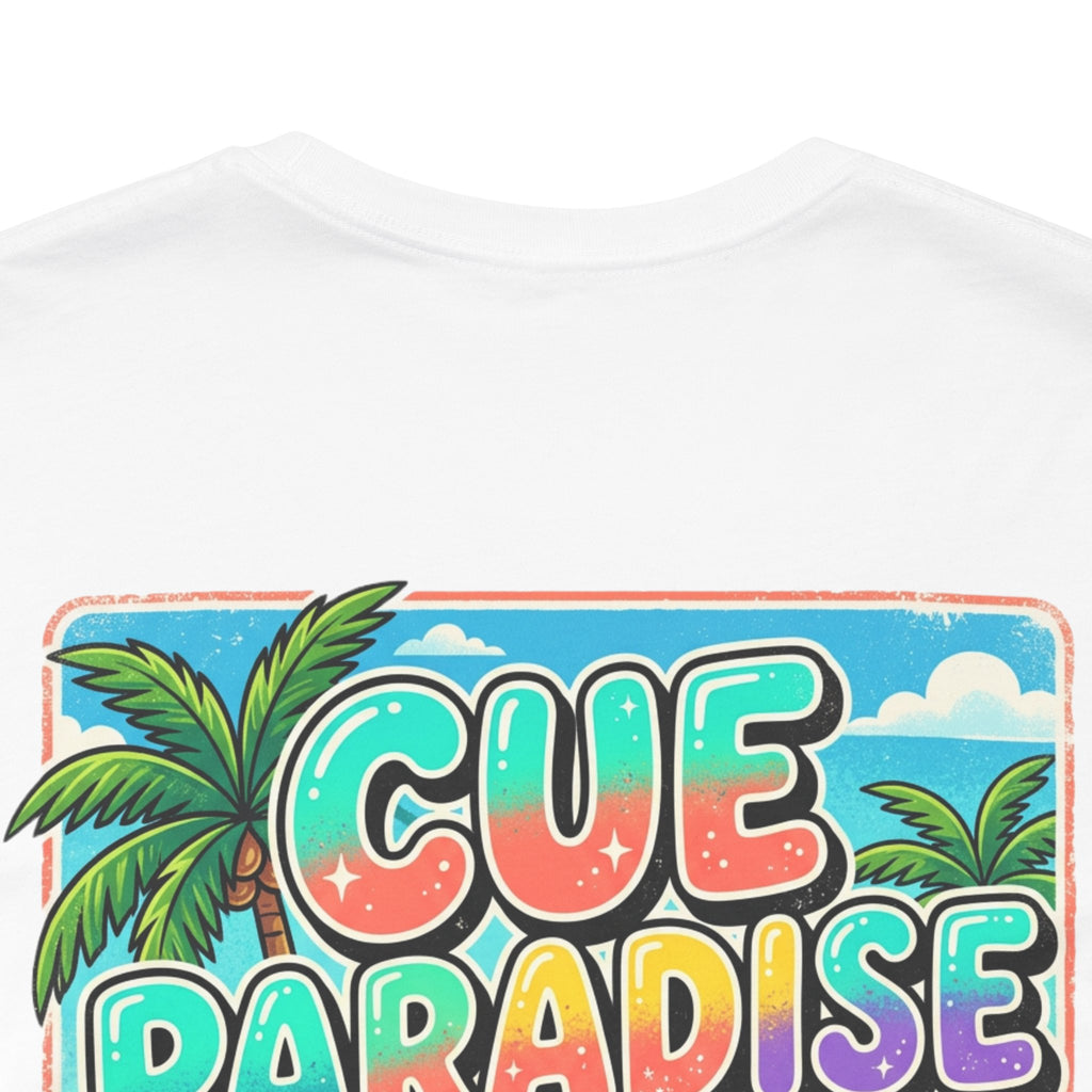 Cue Paradise Florida Pool Player T-Shirt | Tropical Beach Billiards Graphic Tee | Front & Back Print | Cue Crew Supply