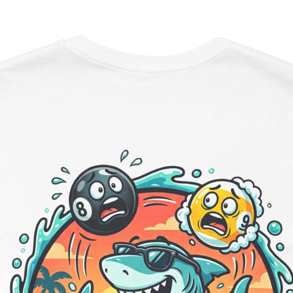 Cue the Feeding Frenzy Shark Billiards T-Shirt | Funny Pool Player Beach Graphic Tee