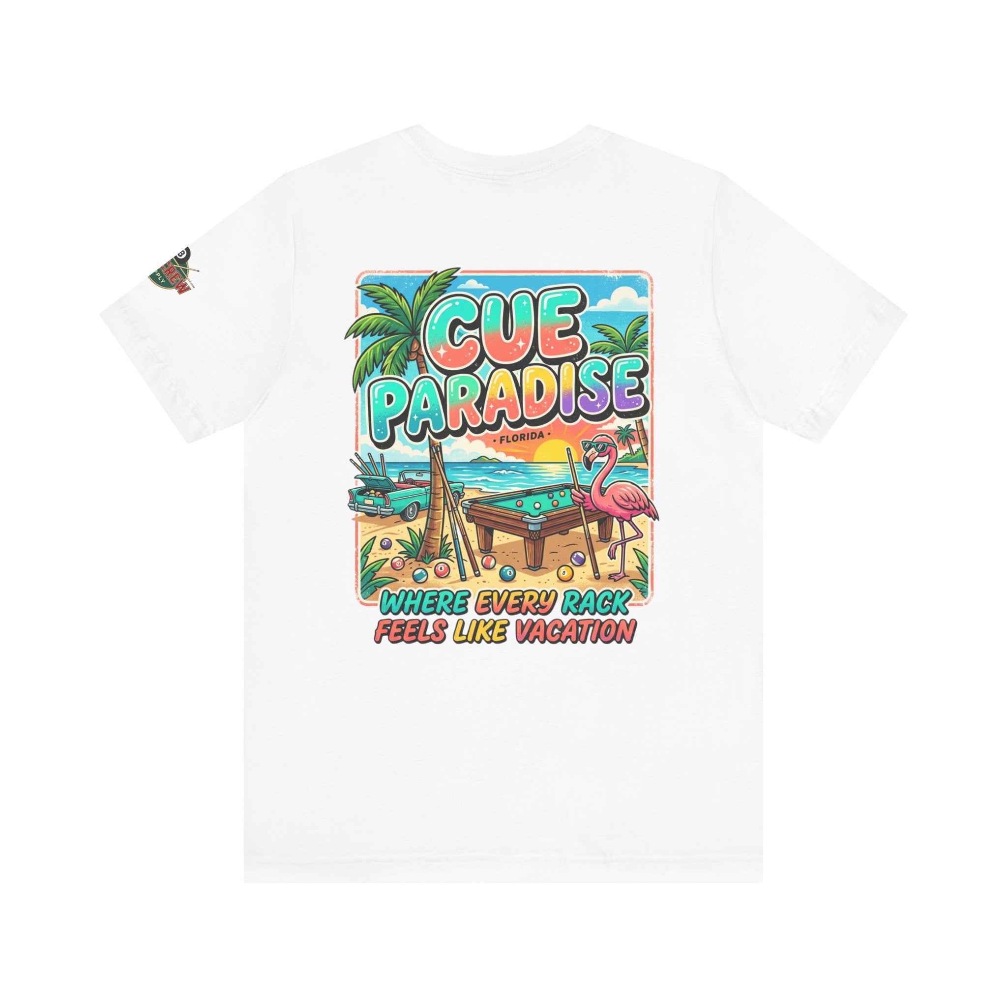 Cue Paradise Florida Pool Player T-Shirt | Tropical Beach Billiards Graphic Tee | Front & Back Print | Cue Crew Supply