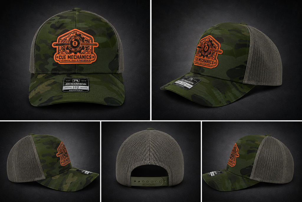 Cue Mechanics Tactical 8-Ball Richardson 112PT Printed Trucker Hat – Tropic Camo/Loden Ripstop Snapback Leather Patch Cap