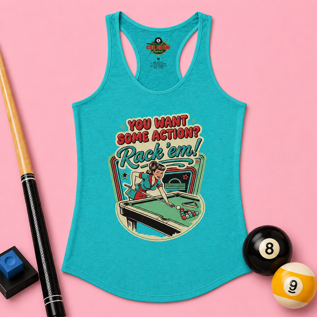 Rack ’Em! Women’s Racerback Tank Top – Retro Pool Player Graphic