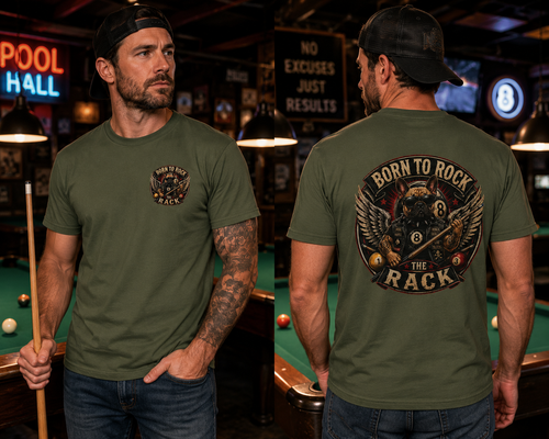 Born to Rock the Rack Billiards T-Shirt – Bulldog Pool Player Front & Back Tee