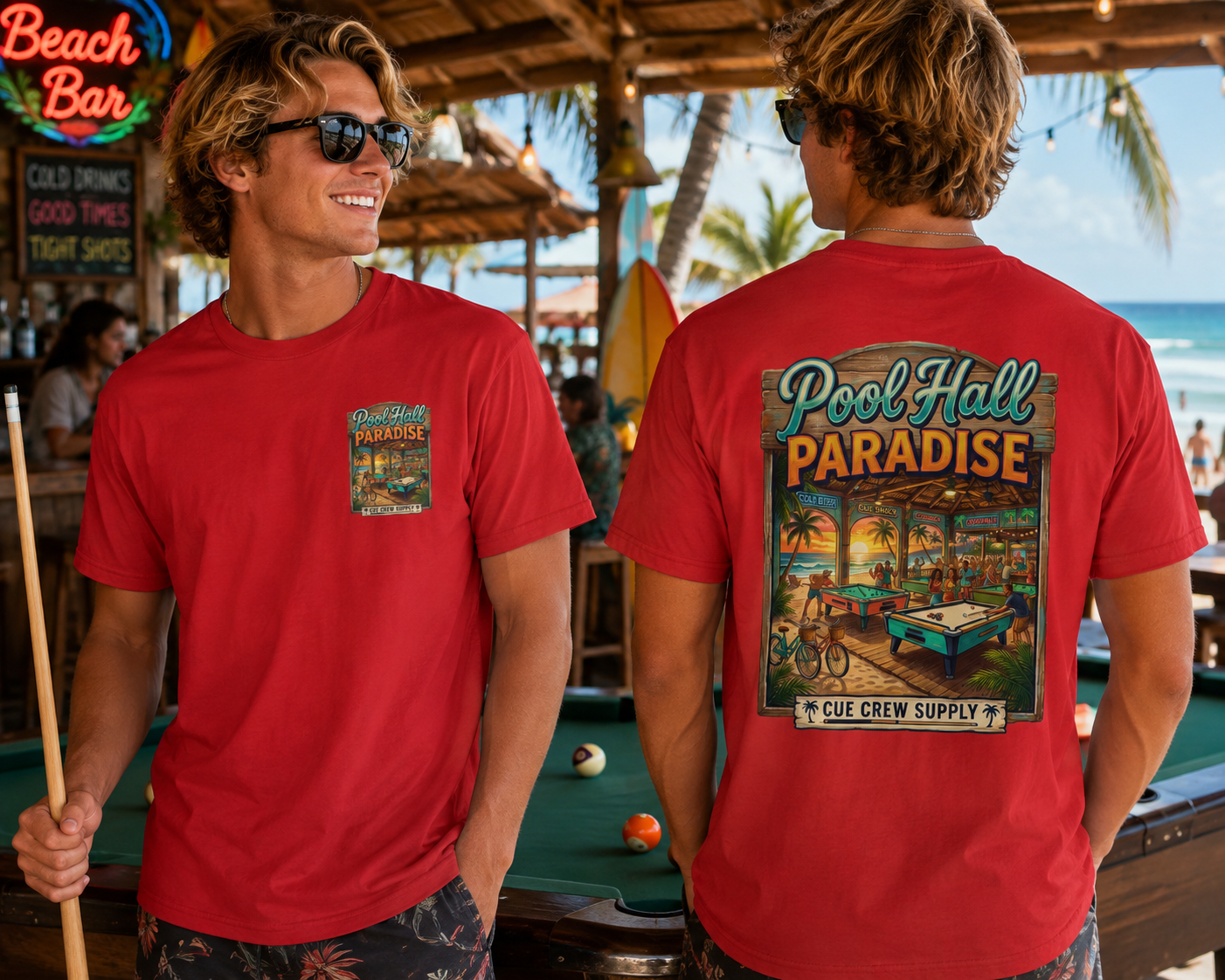 Pool Hall Paradise Tropical Billiards T-Shirt | Beach Bar Pool Player Graphic Tee | Front & Back Print