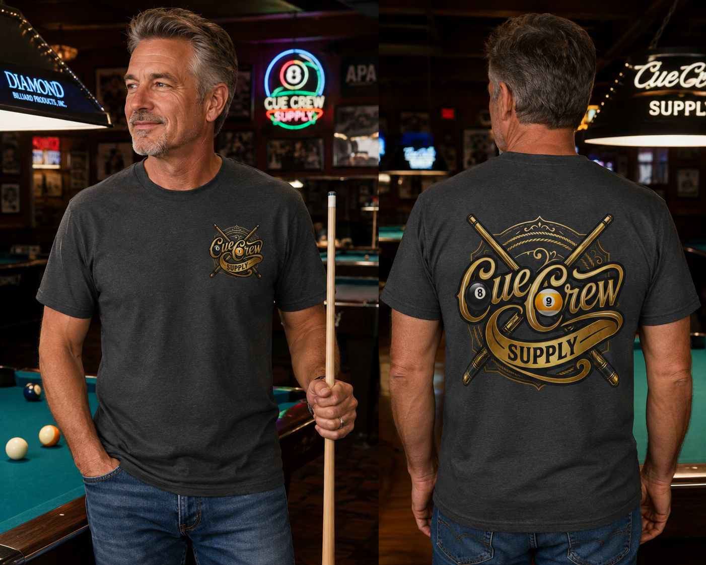 Cue Crew Supply Signature Billiards T-Shirt | Premium Pool Player Graphic Tee | Front & Back Print