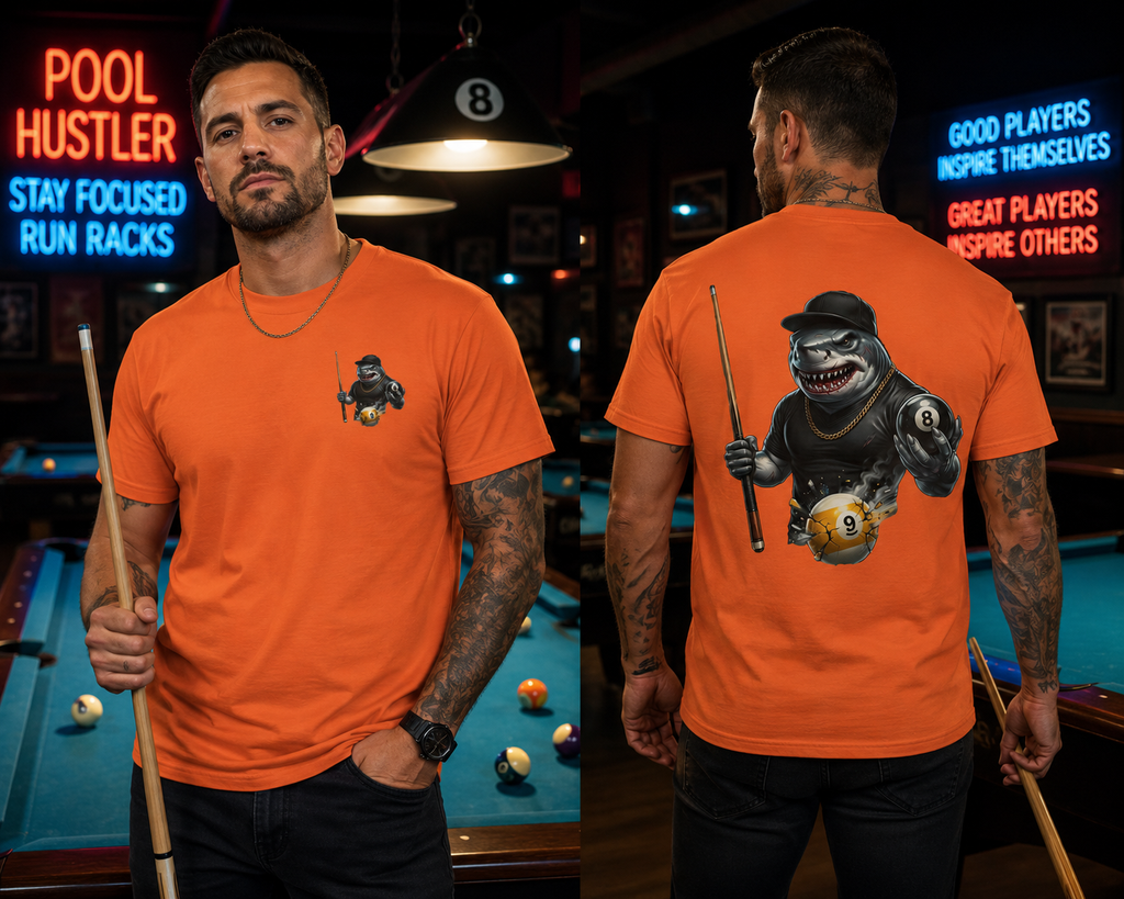 Pool Hall Predator Shark Billiards T-Shirt | Front & Back Print Gangster 8 Ball & Breaking 9 Ball Graphic Unisex Tee