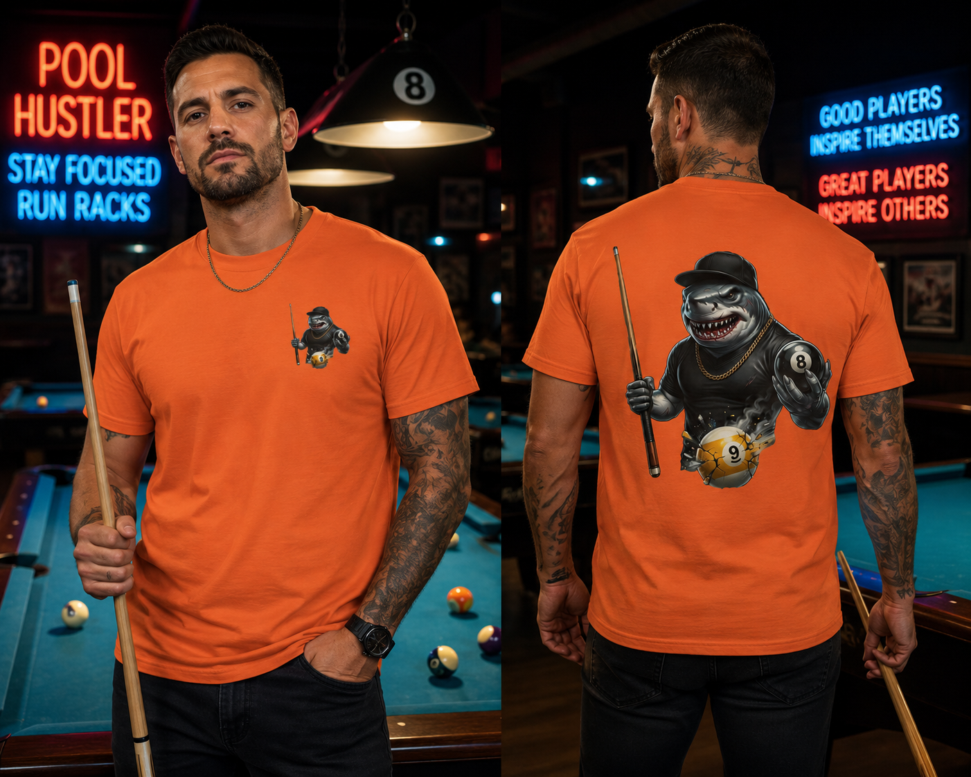 Pool Hall Predator Shark Billiards T-Shirt | Front & Back Print Gangster 8 Ball & Breaking 9 Ball Graphic Unisex Tee