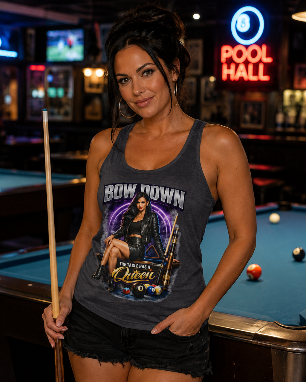 Bow Down – The Table Has a Queen Women's Billiards Racerback Tank Top | Pool Player Graphic Tank | 8 Ball & 9 Ball Apparel