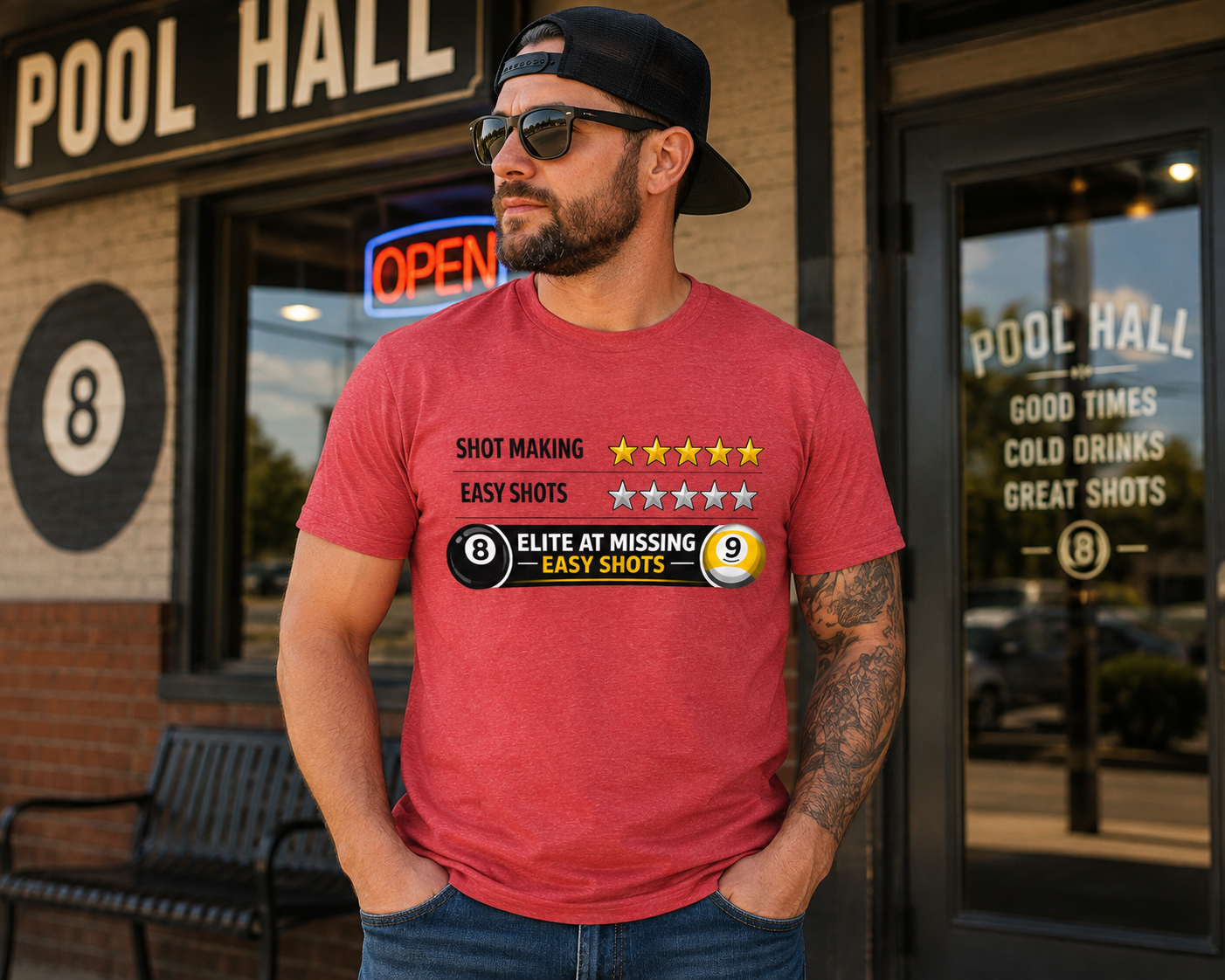 Elite At Missing Easy Shots Funny Billiards T-Shirt | 8 Ball & 9 Ball Graphic Unisex Tee | Front Print Only