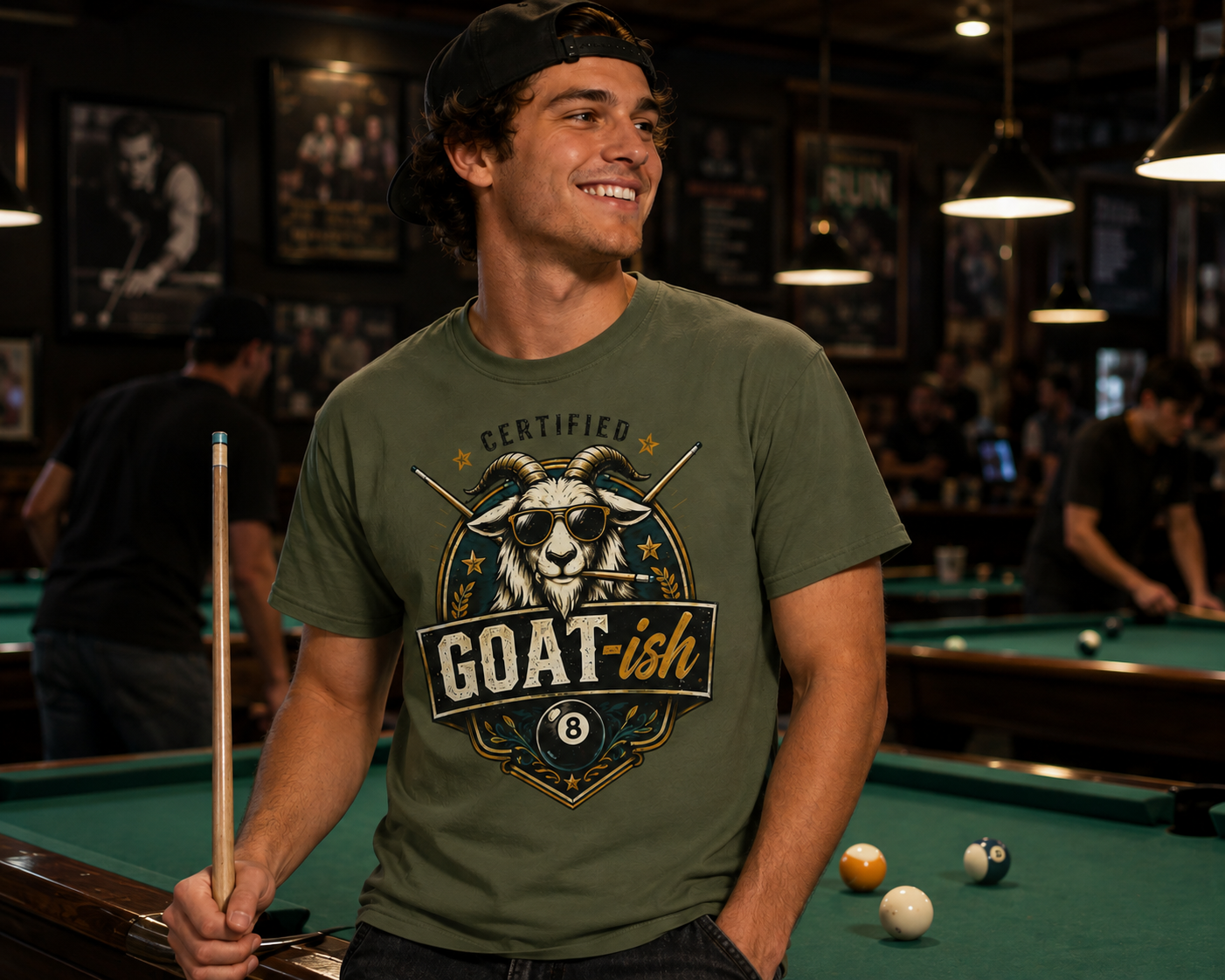 Certified GOAT-ish Funny Billiards T-Shirt | Pool Player Graphic Unisex Tee | 8 Ball Goat Design - Front Only