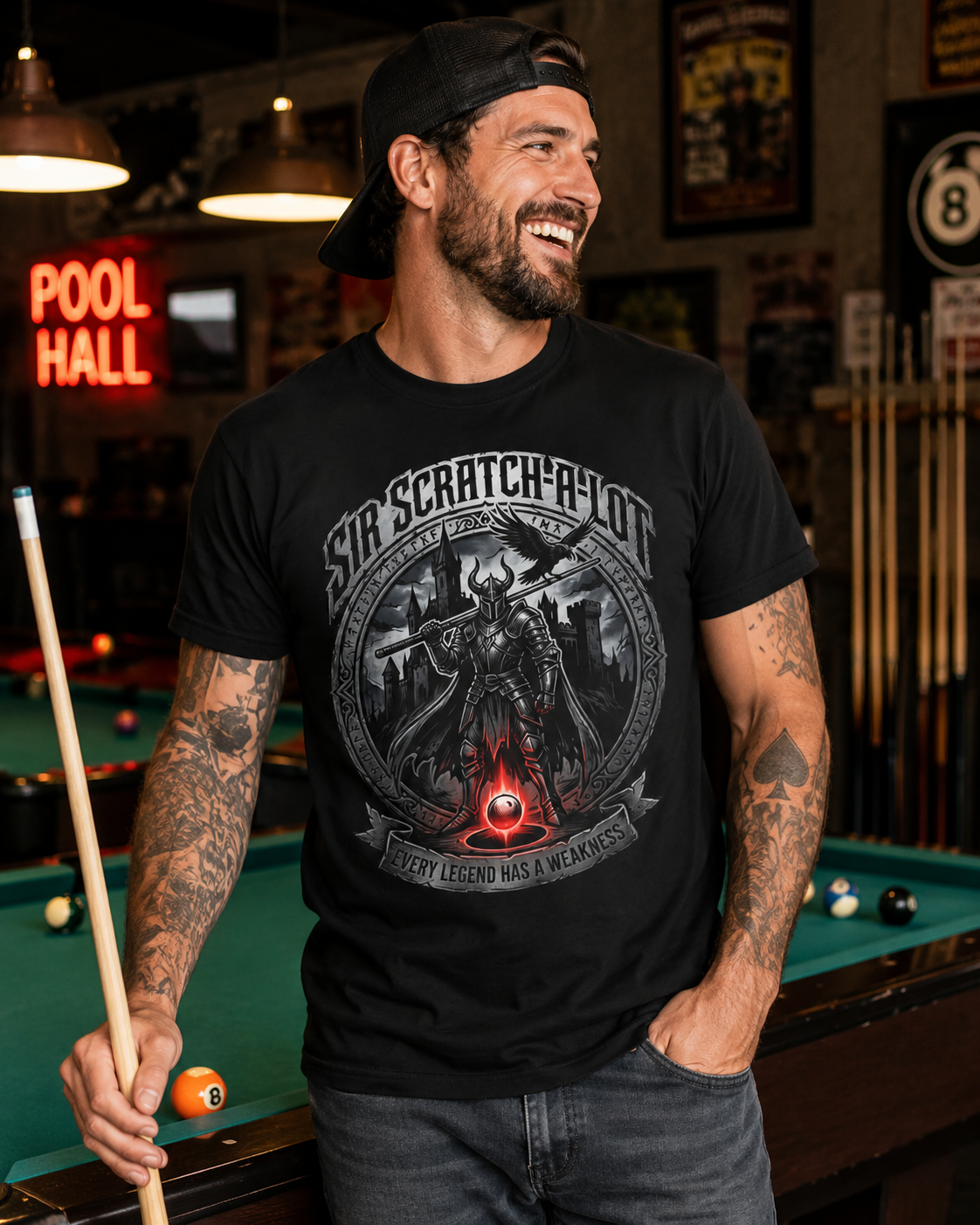 Sir Scratch-A-Lot Funny Billiards T-Shirt | Medieval Pool Knight Graphic | Front Only Print Unisex Tee