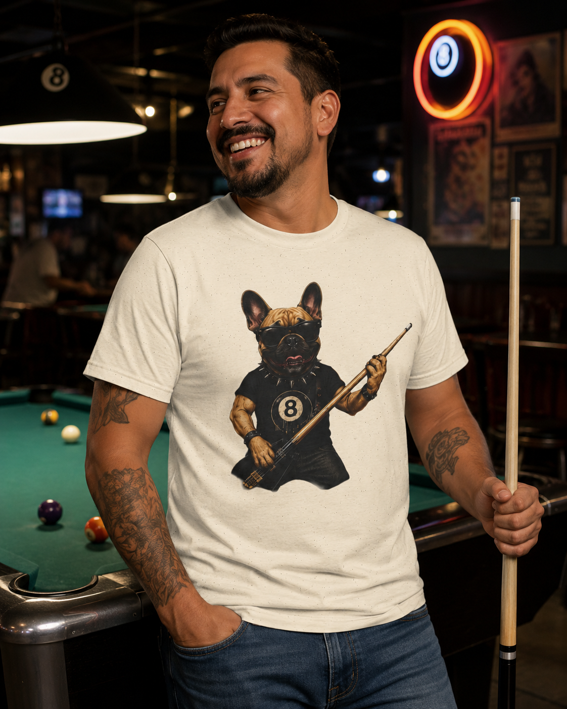 Rockin' French Bulldog Playing Cue Guitar Funny Billiards T-Shirt | Pool Dog Graphic Front Print Unisex Tee