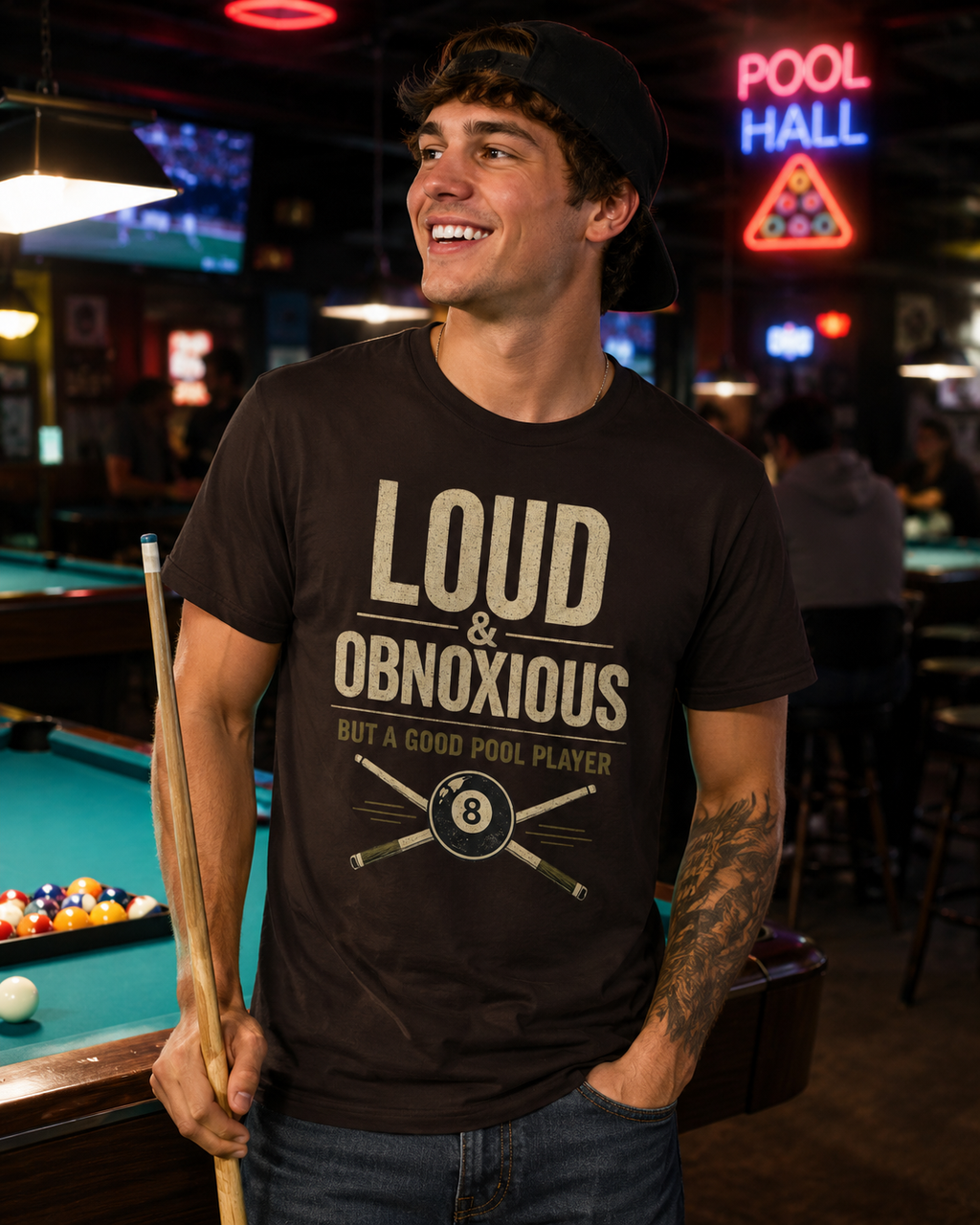Loud & Obnoxious But a Good Pool Player Funny Billiards T-Shirt – Vintage 8 Ball Graphic Front Print Only Tee