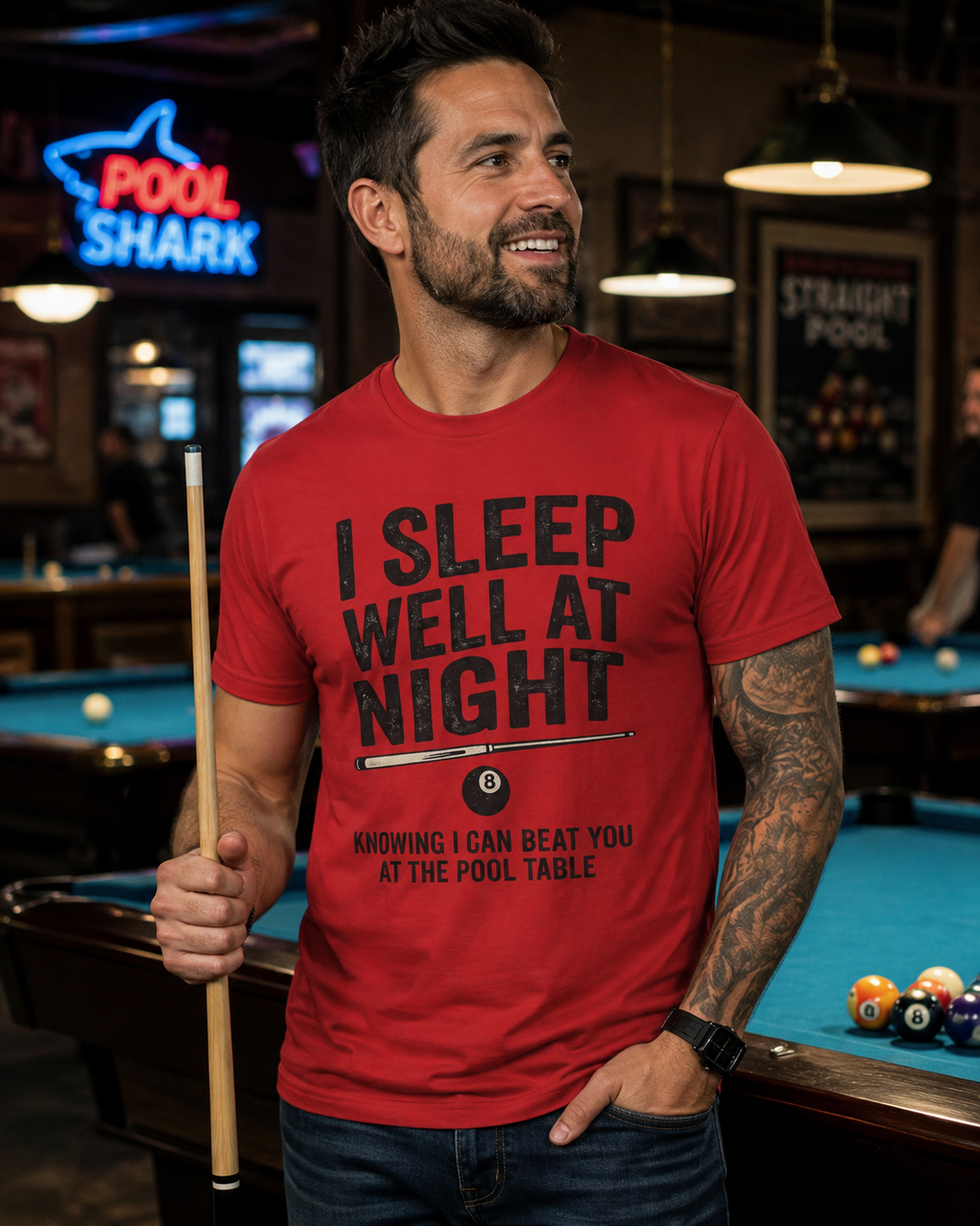 I Sleep Well at Night Funny Billiards T-Shirt – Pool Player 8 Ball Graphic Tee