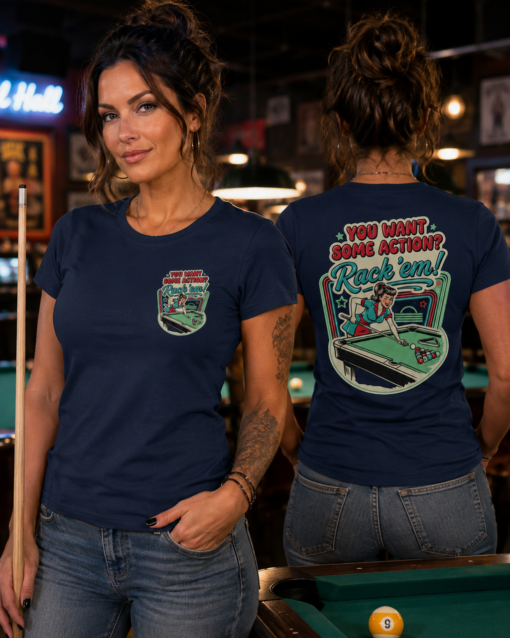 You Want Some Action? Rack ’Em Women’s Billiards T-Shirt – Retro Pool Player Graphic Tee