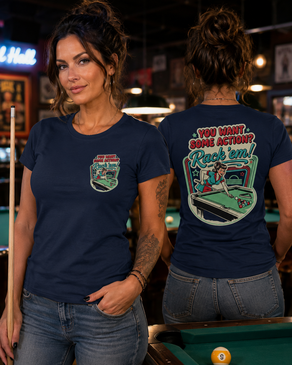 You Want Some Action? Rack ’Em Women’s Billiards T-Shirt – Retro Pool Player Graphic Tee