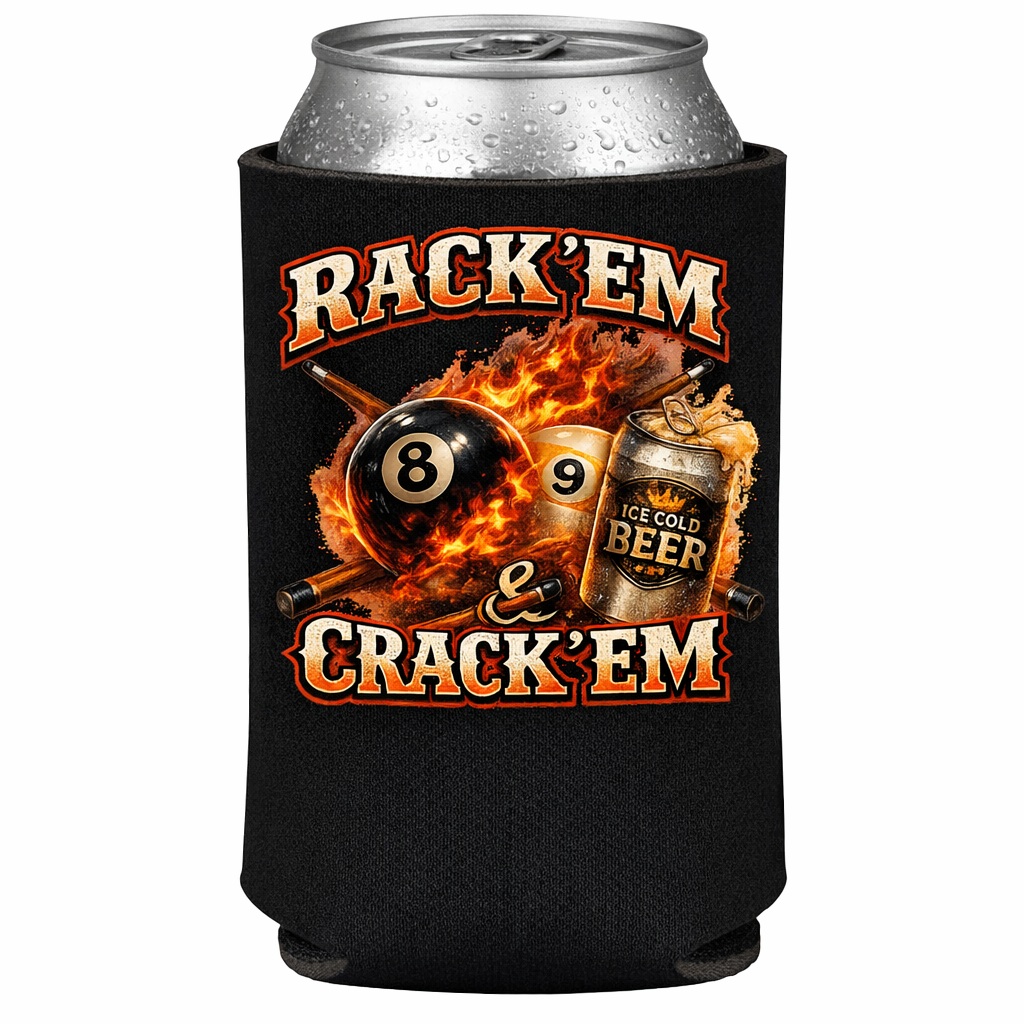 Rack 'Em & Crack 'Em Billiards Player Koozie - 12oz Can Cooler (Quantity Options Available)