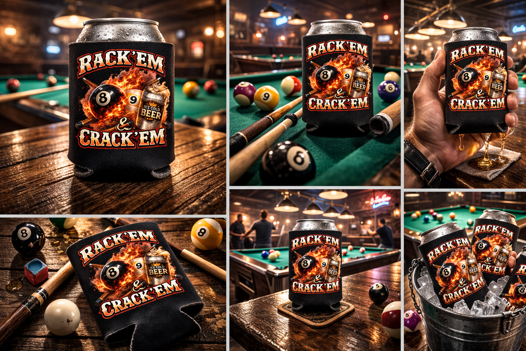 Rack 'Em & Crack 'Em Billiards Player Koozie - 12oz Can Cooler (Quantity Options Available)