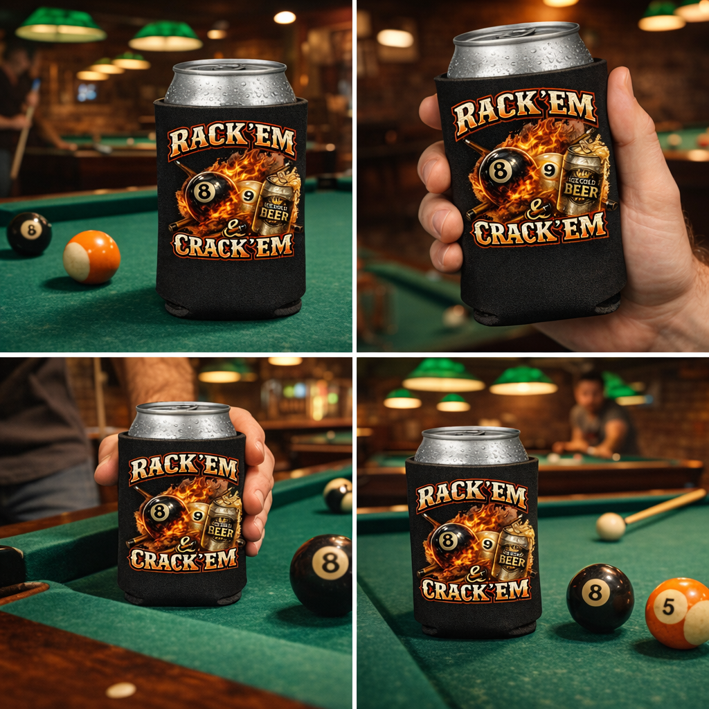 Rack 'Em & Crack 'Em Billiards Player Koozie - 12oz Can Cooler (Quantity Options Available)