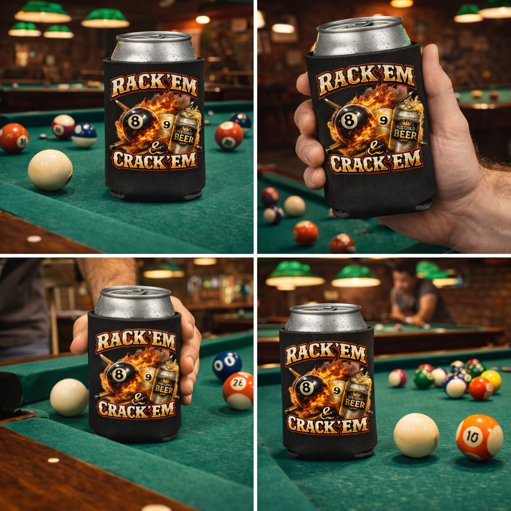 Rack 'Em & Crack 'Em Billiards Player Koozie - 12oz Can Cooler (Quantity Options Available)