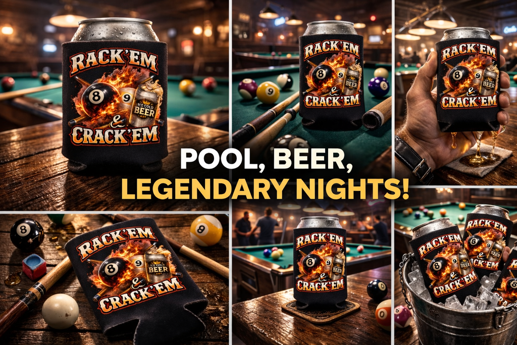 Rack 'Em & Crack 'Em Billiards Player Koozie - 12oz Can Cooler (Quantity Options Available)