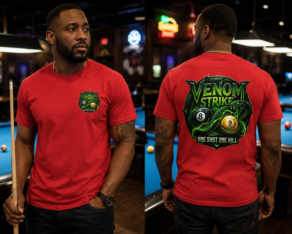 Venom Strike Snake Billiards T-Shirt | One Shot One Kill Pool Player Graphic Tee | Front & Back Print