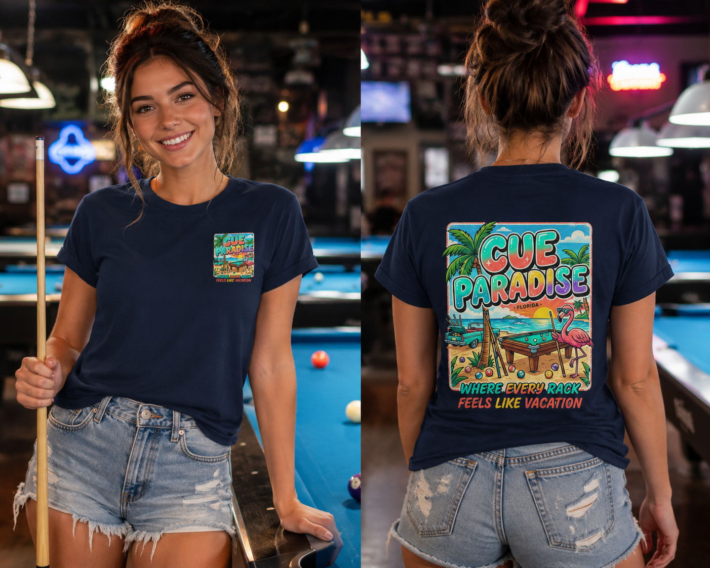 Cue Paradise Florida Billiards T-Shirt | Tropical Pool Player Beach Graphic Tee | Front & Back Print