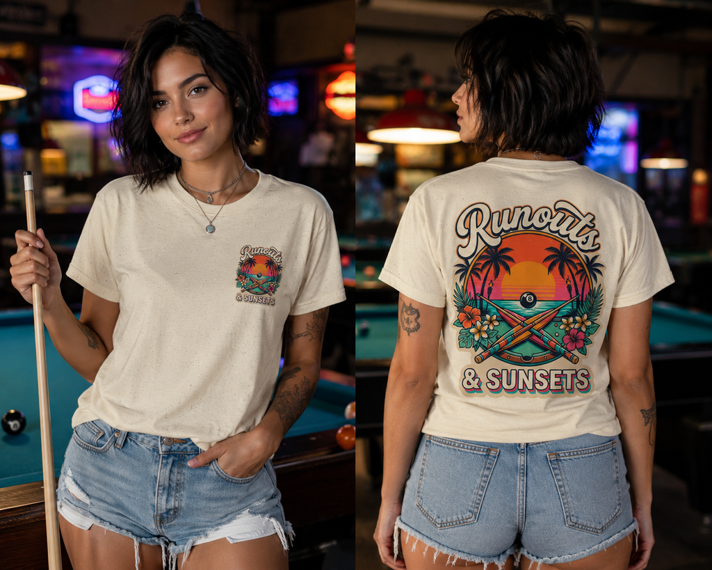 Runouts & Sunsets Tropical Billiards T-Shirt | Beach Pool Player Graphic Tee | Front & Back Print