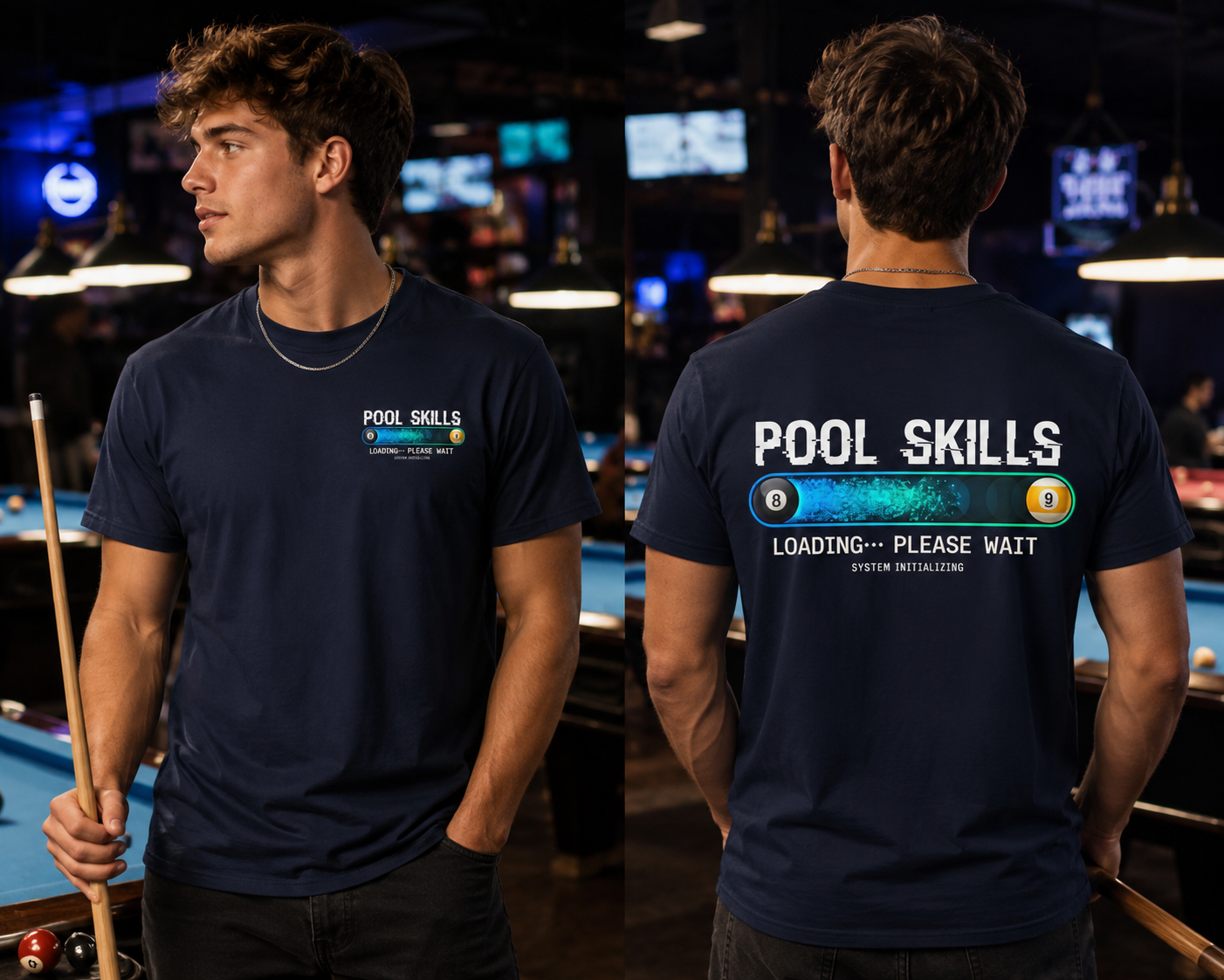 Pool Skills Loading Funny Billiards T-Shirt | Gamer Style Pool Player Graphic Tee | Front & Back Print