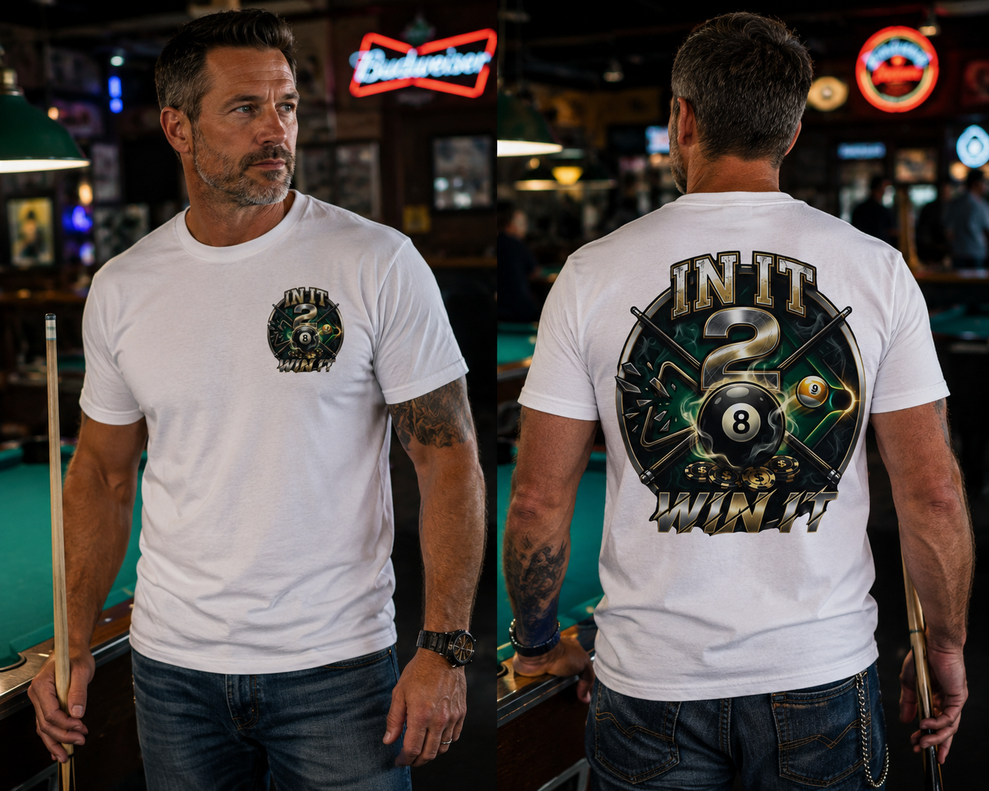 In It 2 Win It Billiards T-Shirt | Lucky 8 Ball & 9 Ball Pool Player Graphic Tee | Front & Back Print