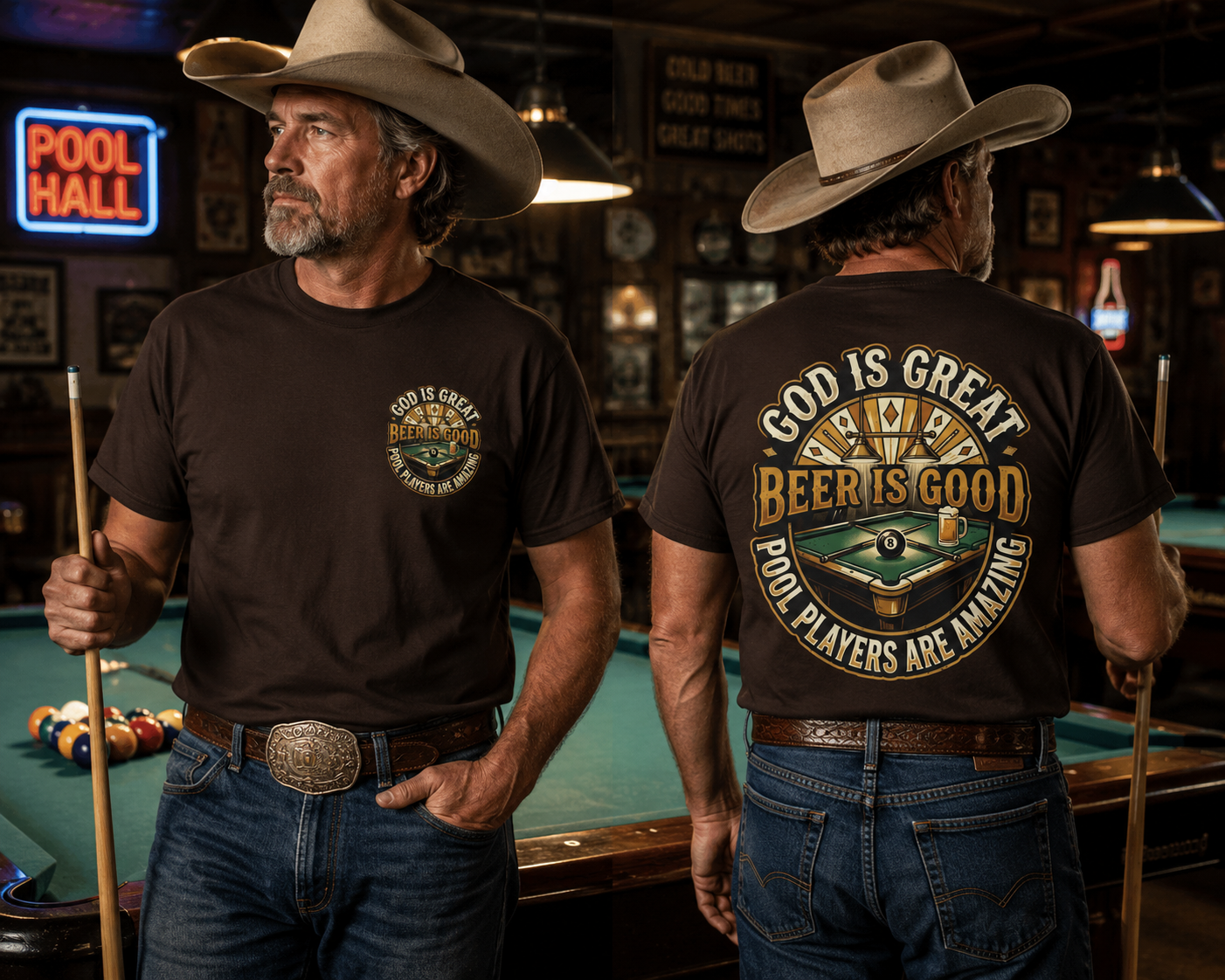 God Is Great Beer Is Good Pool Players Are Amazing Billiards T-Shirt | Funny Pool Player Graphic Tee | Front & Back Print