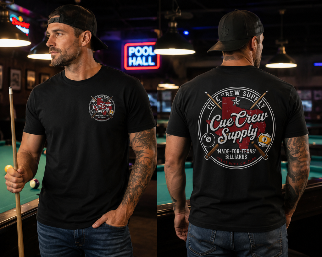 Cue Crew Supply Texas Billiards T-Shirt | Made for Texas Pool Players Graphic Tee | Front & Back Print