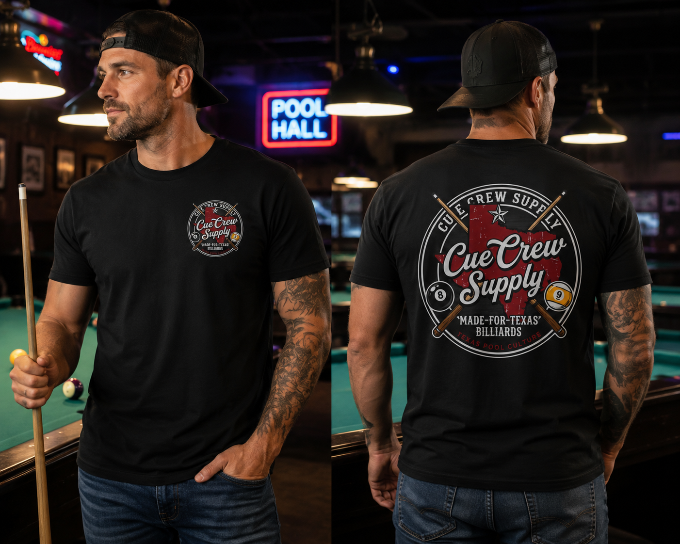 Cue Crew Supply Texas Billiards T-Shirt | Made for Texas Pool Players Graphic Tee | Front & Back Print