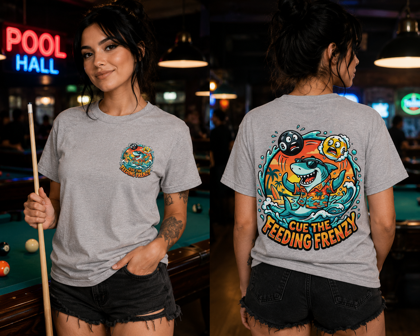 Cue the Feeding Frenzy Shark Billiards T-Shirt | Tropical Pool Player Graphic Tee | Front & Back Print