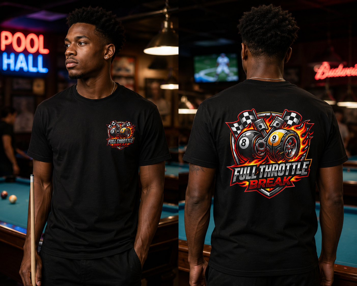 Full Throttle Break Billiards T-Shirt | Racing Inspired 8 Ball & 9 Ball Pool Player Graphic Tee | Front & Back Print