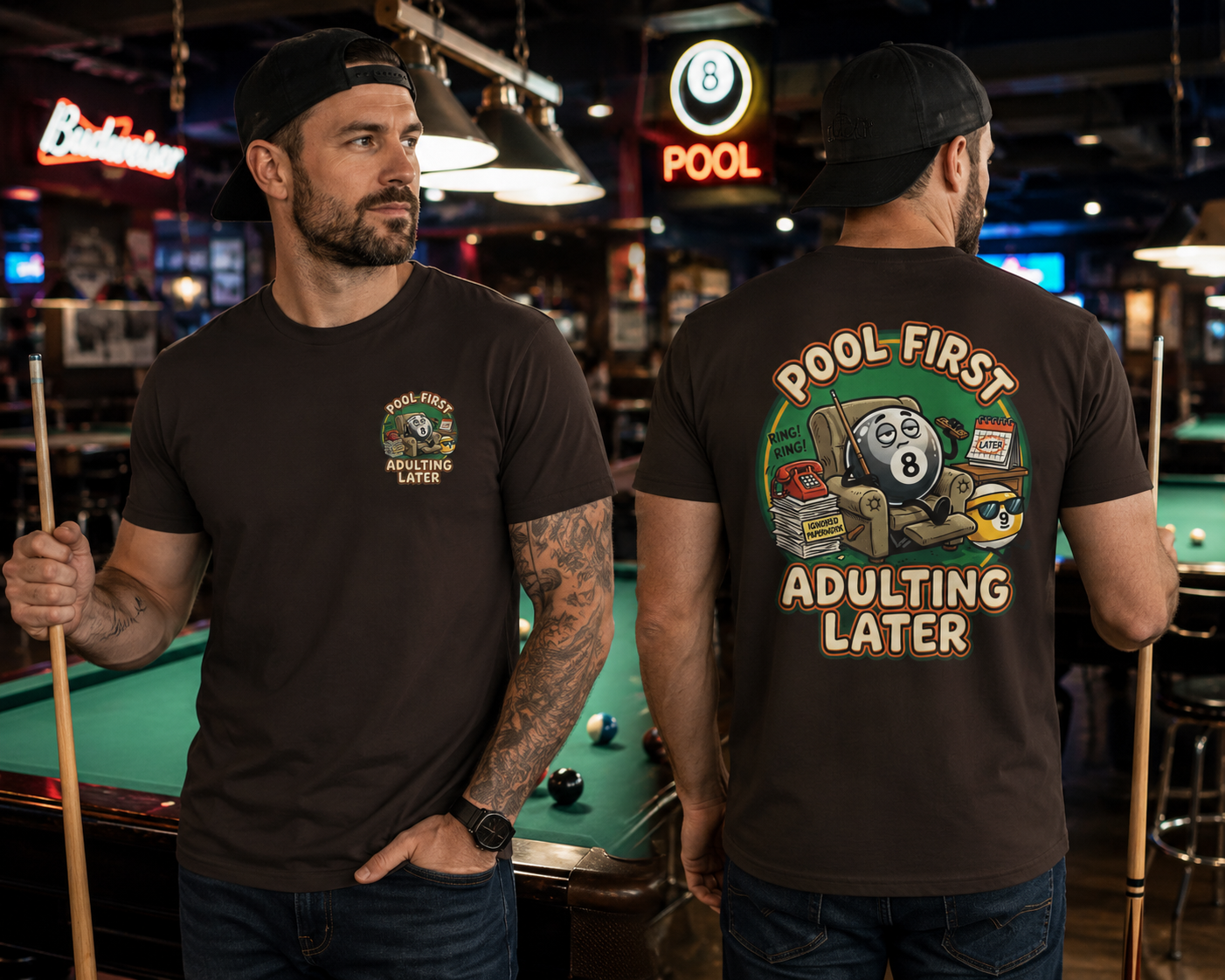 Pool First, Adulting Later Billiards T-Shirt | Funny Pool Player Graphic Tee | Front & Back Print